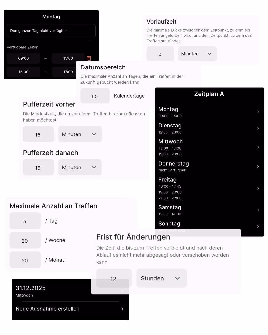Illustration der flexiblen Terminplanung für Anbieter auf Connwy, die detaillierte Einstellungen wie Pufferzeiten, Buchungsfristen und einen Wochen-Zeitplan zeigt.