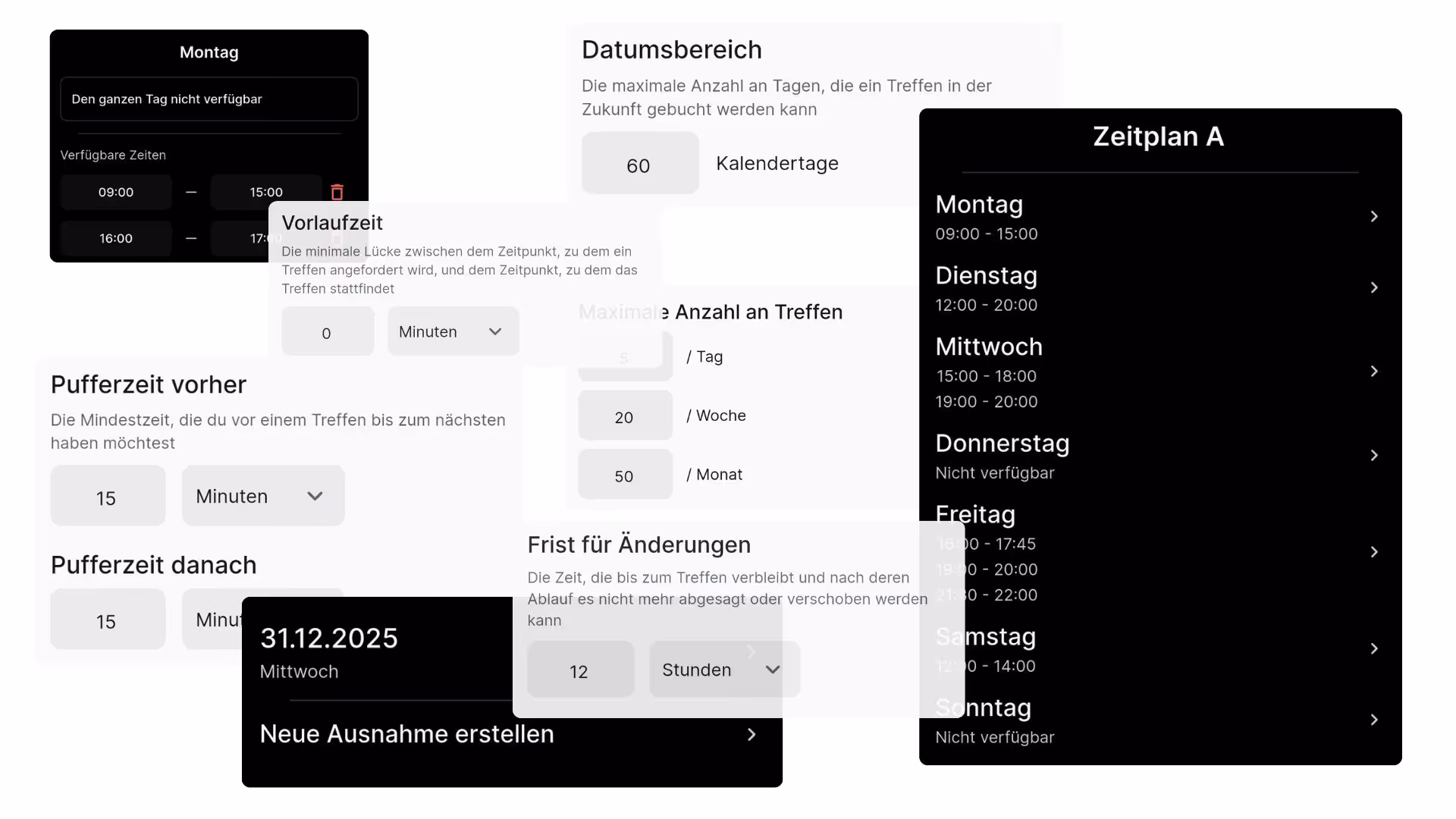 Illustration der flexiblen Terminplanung für Anbieter auf Connwy, die detaillierte Einstellungen wie Pufferzeiten, Buchungsfristen und einen Wochen-Zeitplan zeigt.